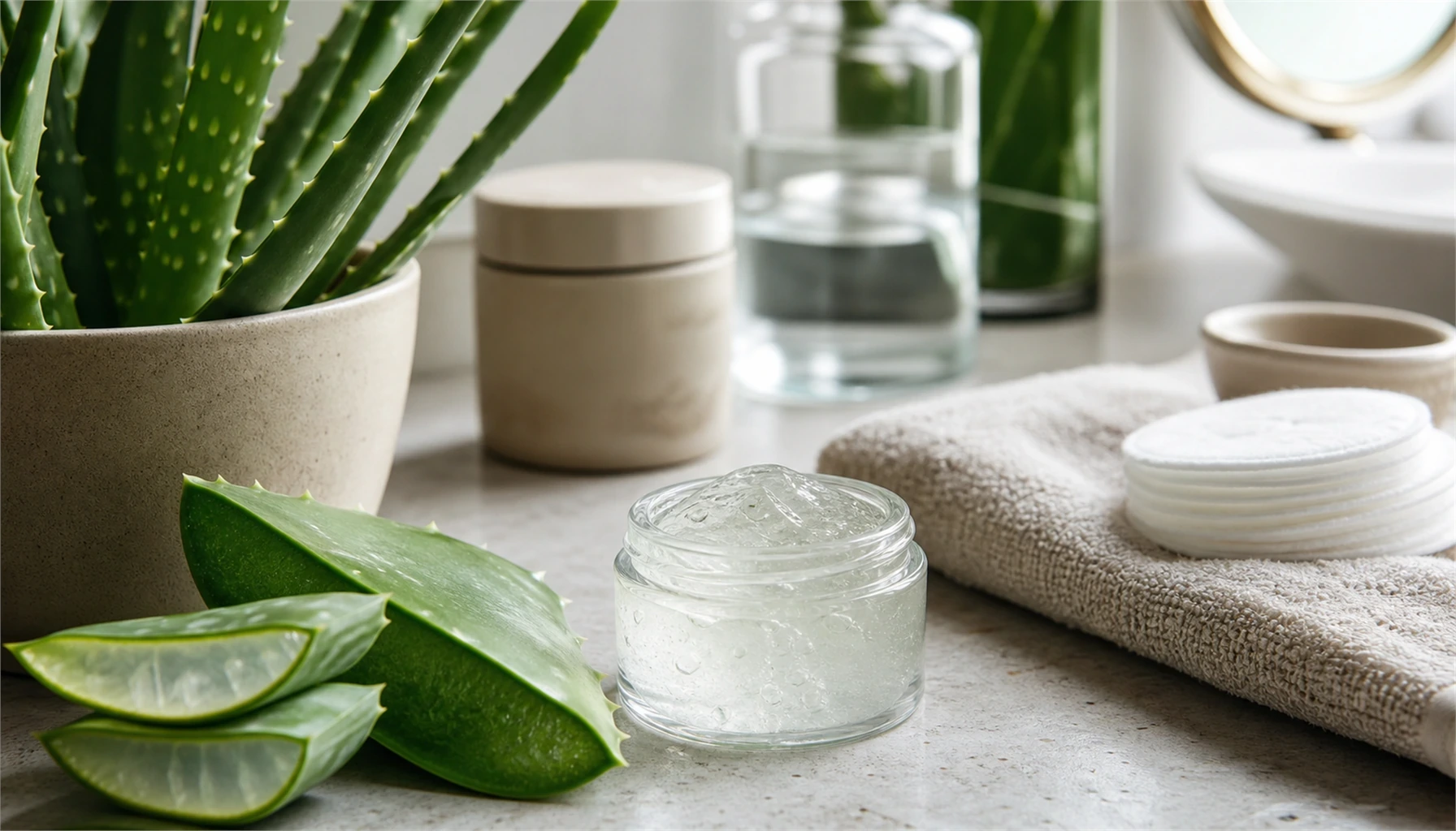 Gel d'aloe vera frais, soin visage et serviette claire sur une table de salle de bain