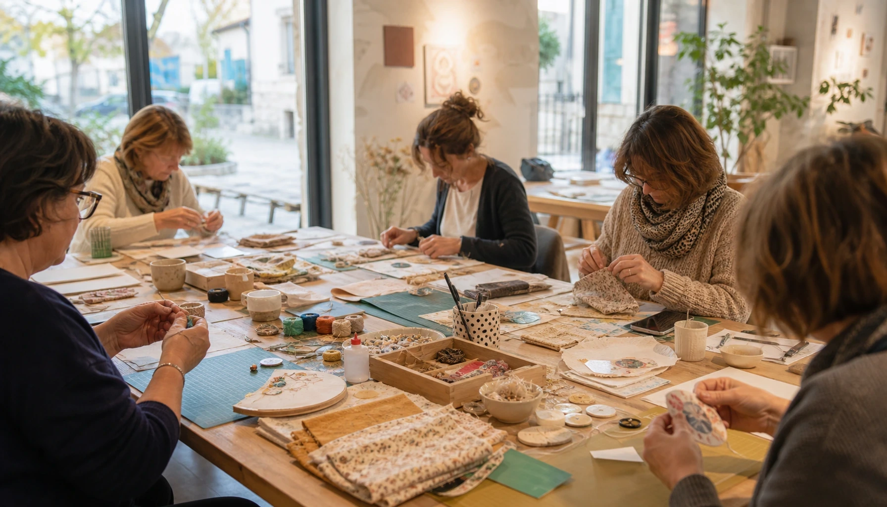 Table d'atelier créatif avec papiers, fils, ciseaux et mains en train de préparer un projet