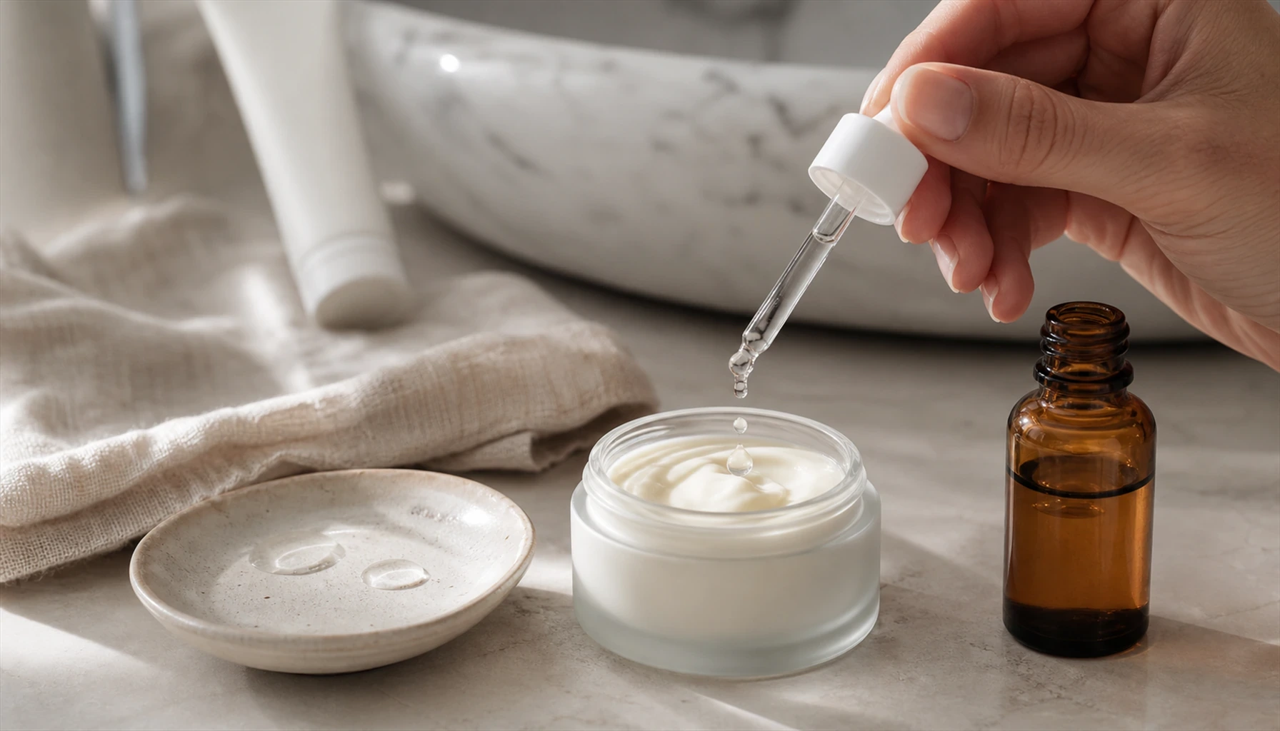 Flacon de gouttes SPF, crème de jour et miroir sur une coiffeuse claire