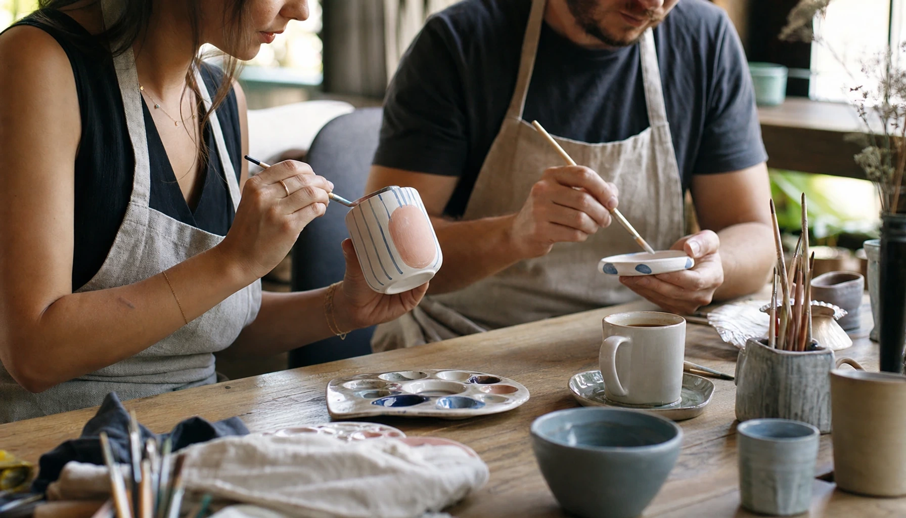 Deux personnes décorent des objets en céramique dans un atelier clair et convivial