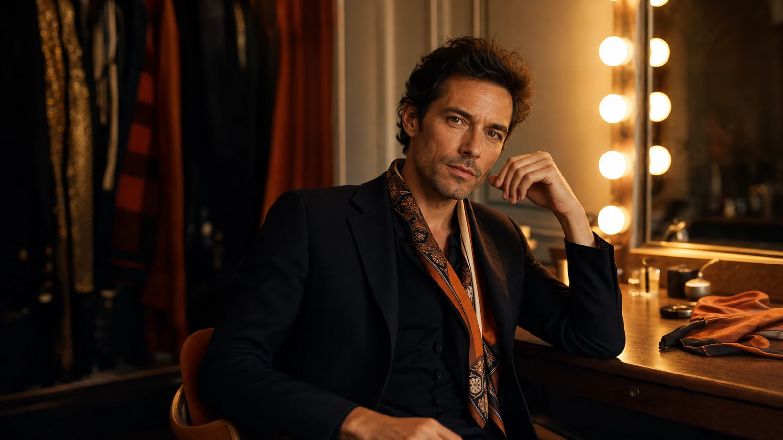 Portrait editorial masculin dans une loge, costume sombre et foulard, pour illustrer un style inclassable.